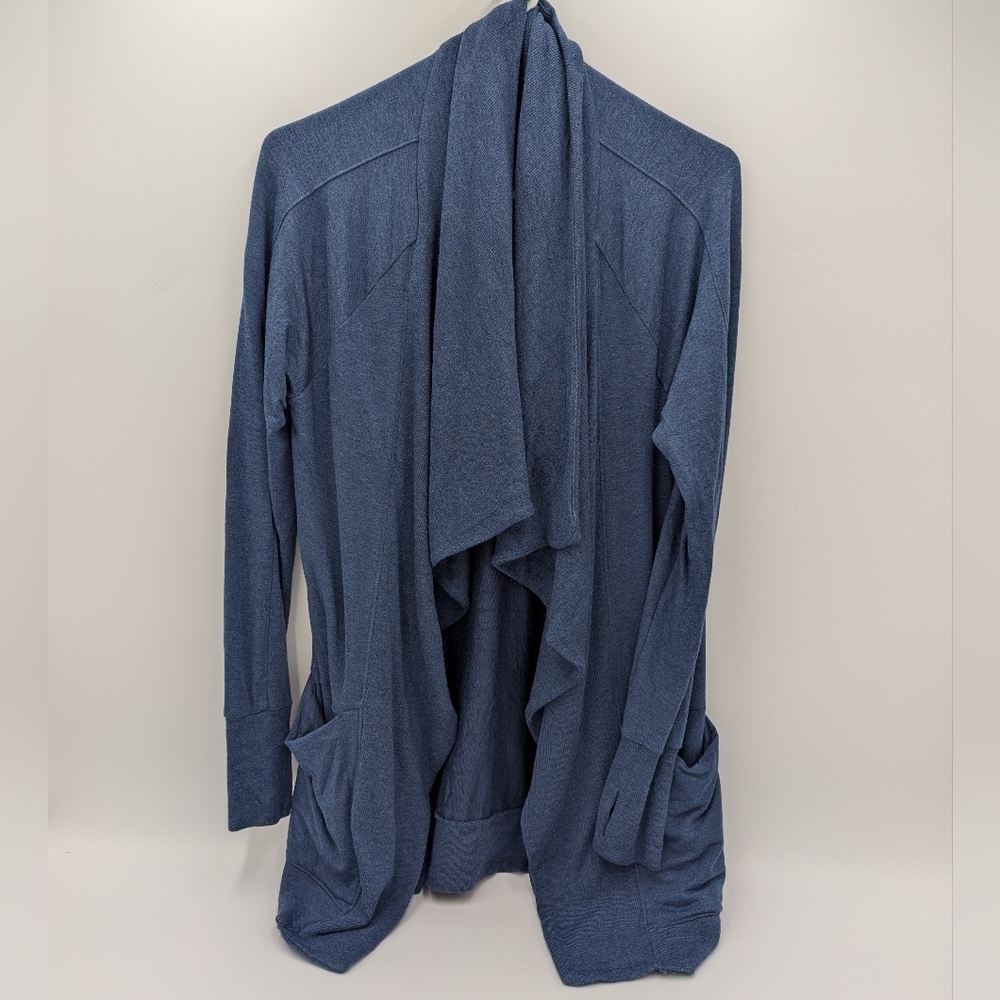 Athleta Blue Pranayama Restore Wrap Cardigan Open Waterfall Pockets Thumbholes